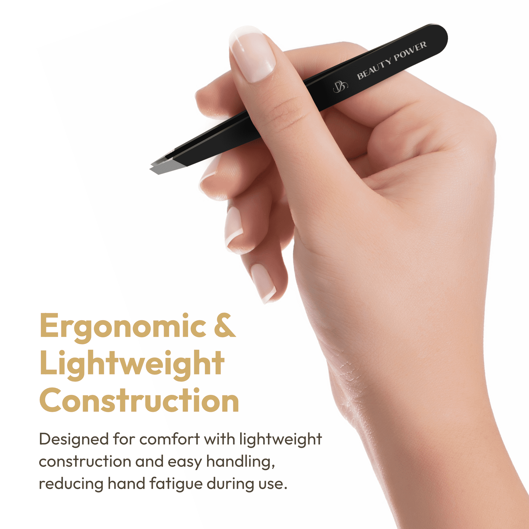 Beauty Power Professional Ultra Precision Slant Tweezers - German Stainless Steel Tweezers for Eyebrows, Facial Hair, Chin & Ingrown Hair Removal, Durable & Lightweight Grooming Tool (Matte Black)