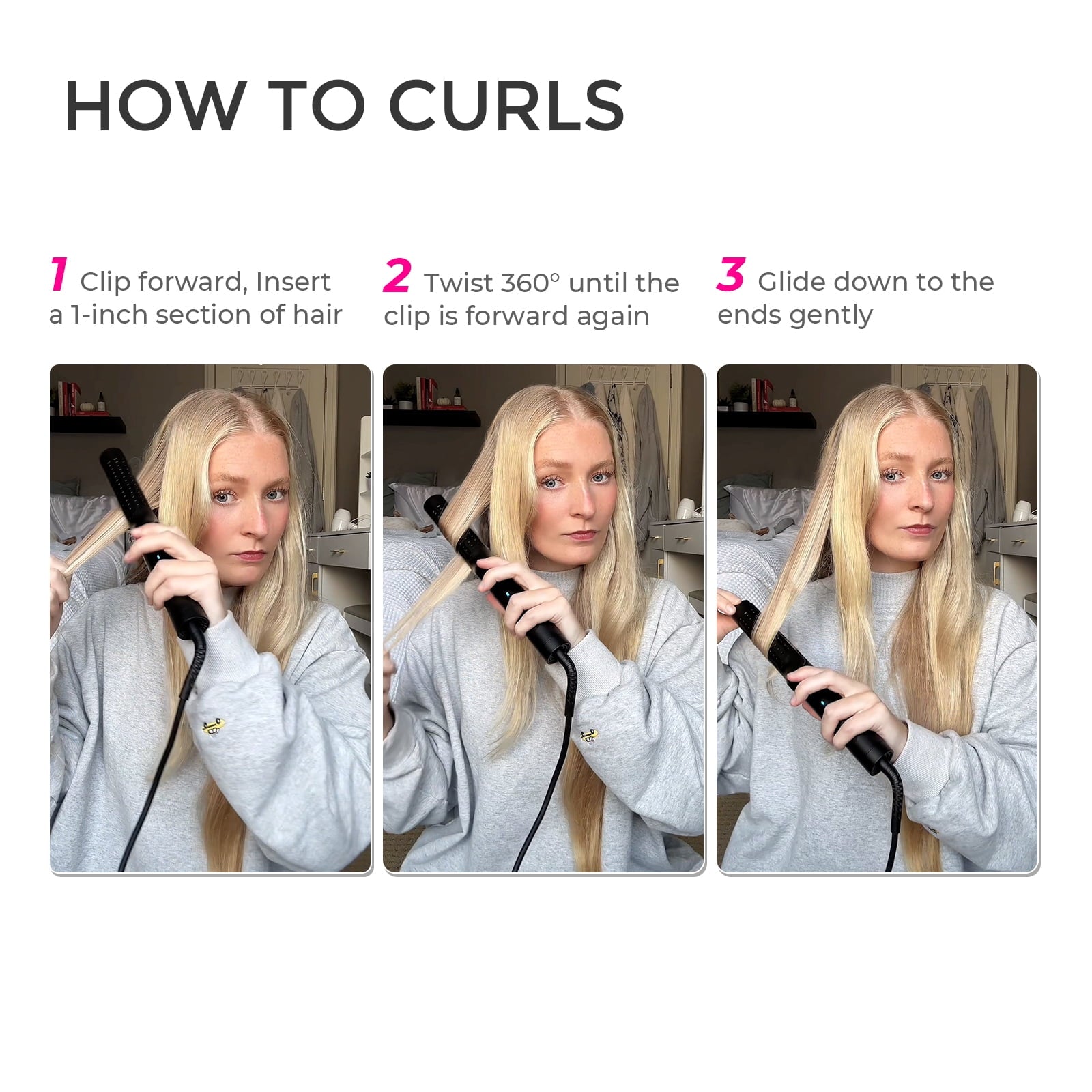 TYMO 360° Airflow Curling Iron, Flat Iron Hair Straightener and Curler 2 in 1, 5 Temps & Dual Voltage, 1.25 Inch, Pink