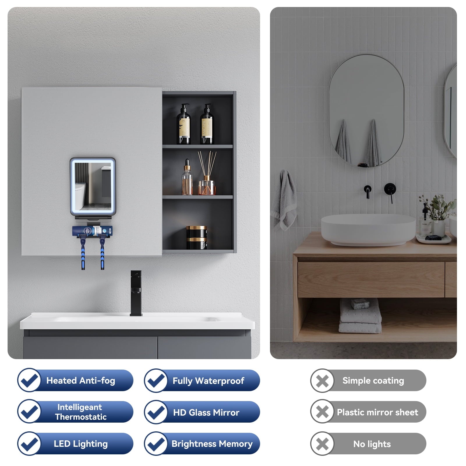 NEXPURE LED Fogless Shower Mirror with Lighted Tricolor, Razor Holder, Touch Sensor, Mirror for Shower