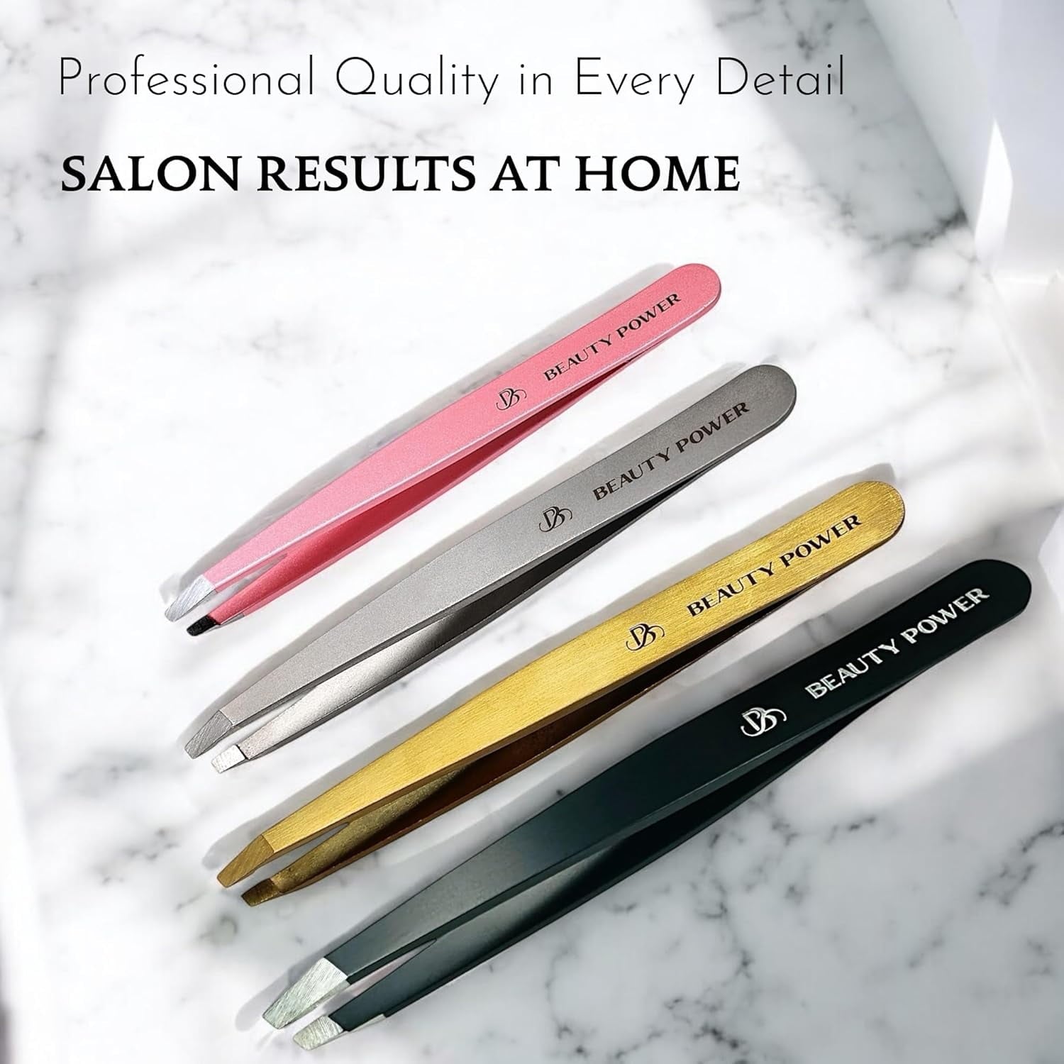 Beauty Power Professional Ultra Precision Slant Tweezers - German Stainless Steel Tweezers for Eyebrows, Facial Hair, Chin & Ingrown Hair Removal, Durable & Lightweight Grooming Tool (Matte Black)