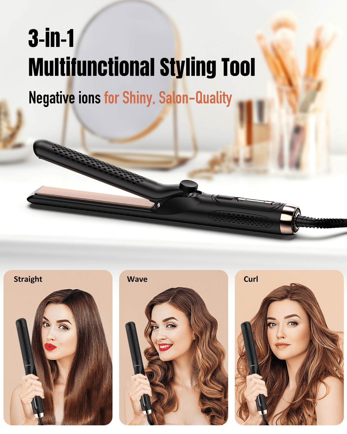 RACCOMB Salon 2 in 1 Curling Iron, 360° Airflow Styler, Ionic Ceramic Hair Wand, Dual Voltage, Black