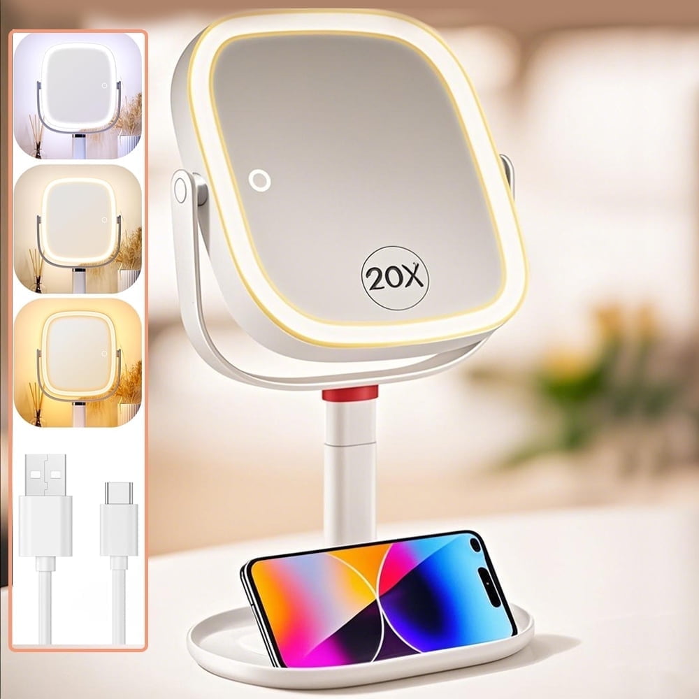 BBeauty Planet Makeup Mirror with Lights, 1X/20X Magnifying Mirror, Vanity Mirror with 3 Colors Lights, Height Adjustable Lighted Makeup Mirror, Double Sided 360°Rotation, Memory Function (White)