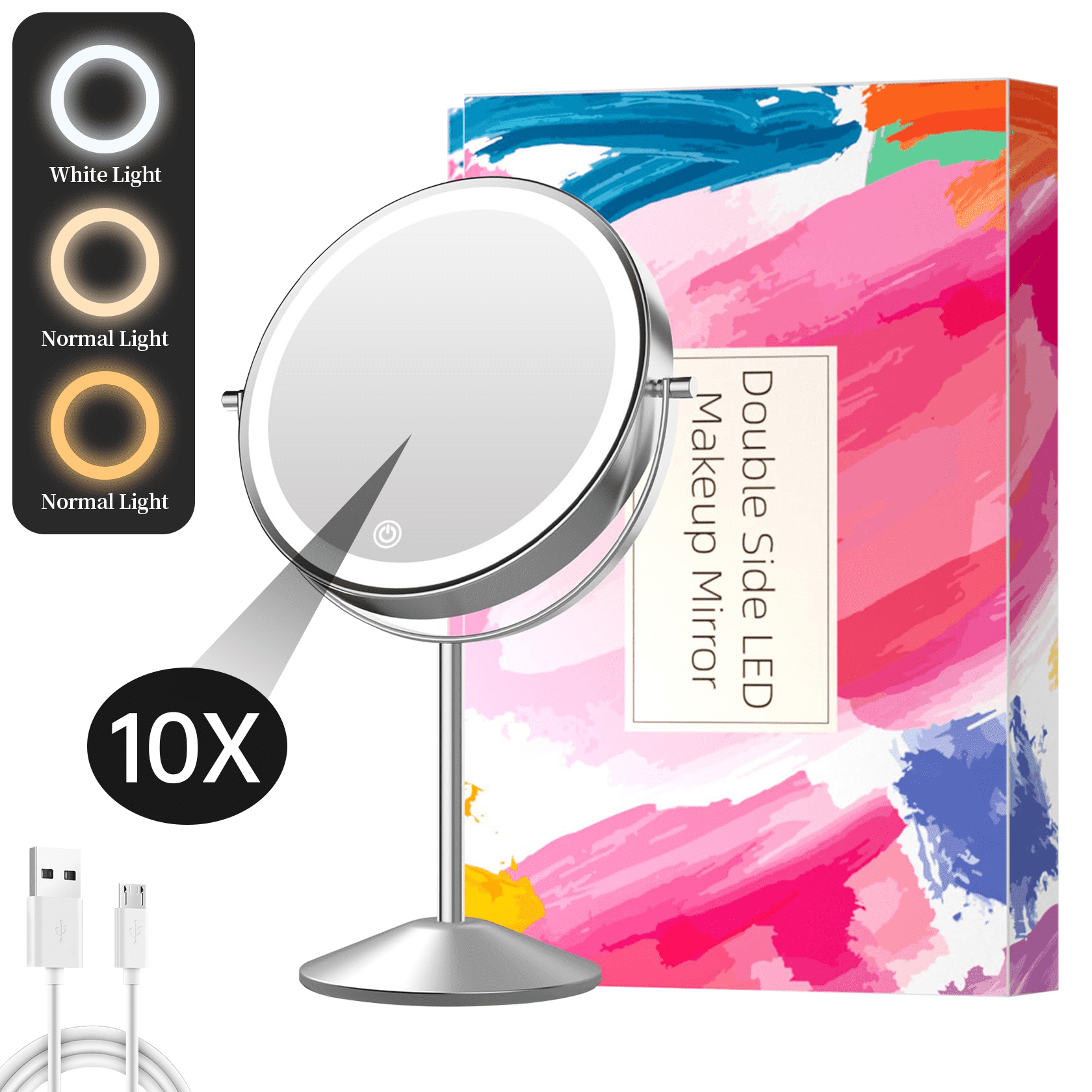 Funtouch Double-Sided Lighted Makeup Mirror, Round Metal Freestanding Vanity Mirror with 10x Magnification