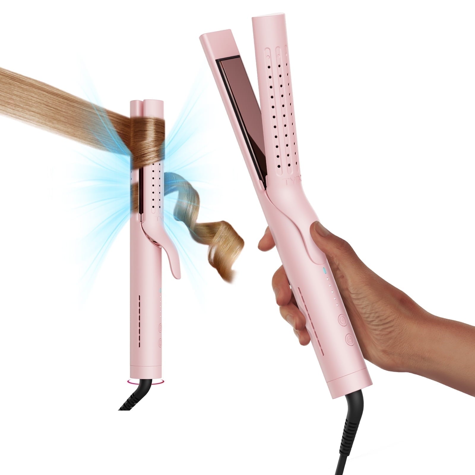 TYMO 360° Airflow Curling Iron, Flat Iron Hair Straightener and Curler 2 in 1, 5 Temps & Dual Voltage, 1.25 Inch, Pink