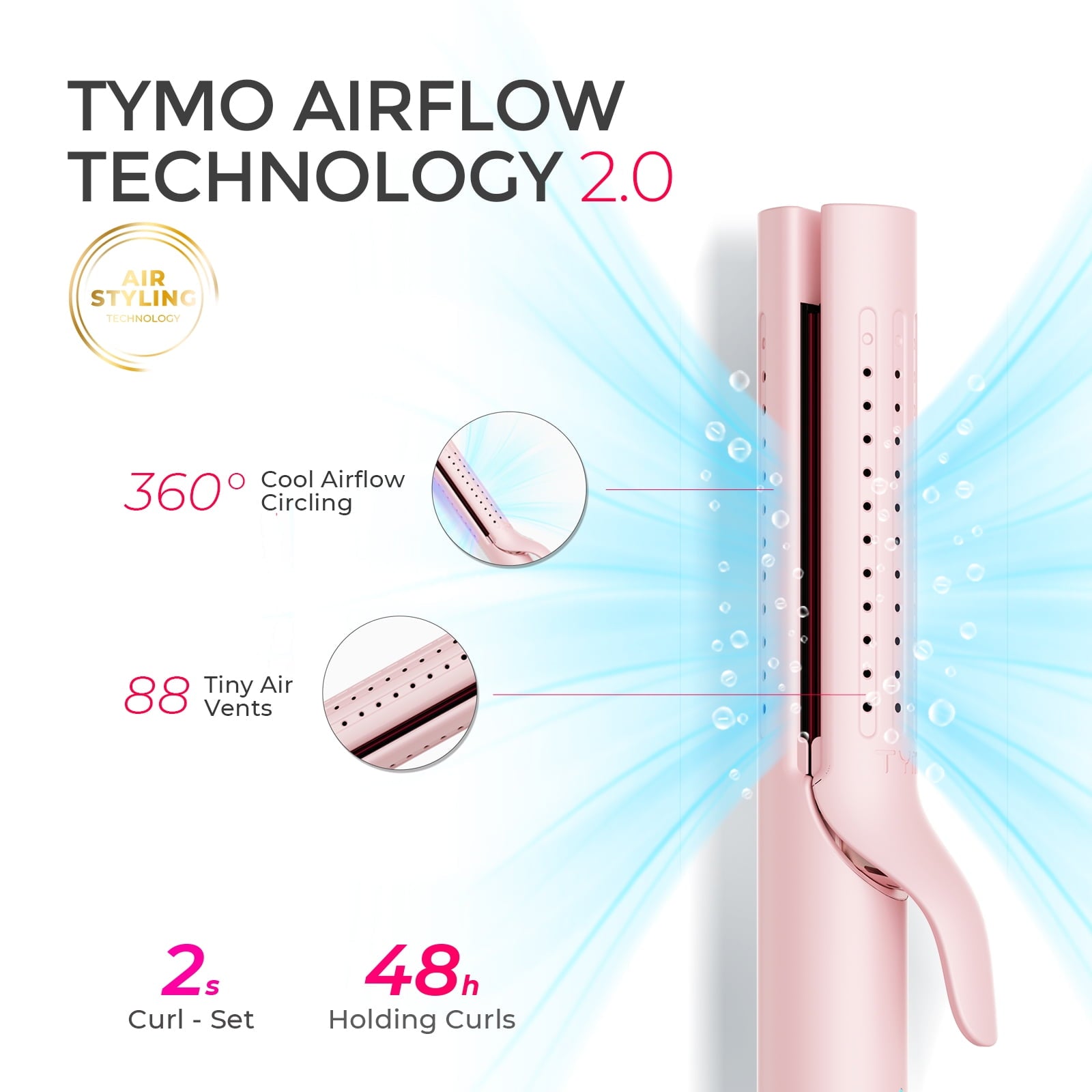 TYMO 360° Airflow Curling Iron, Flat Iron Hair Straightener and Curler 2 in 1, 5 Temps & Dual Voltage, 1.25 Inch, Pink
