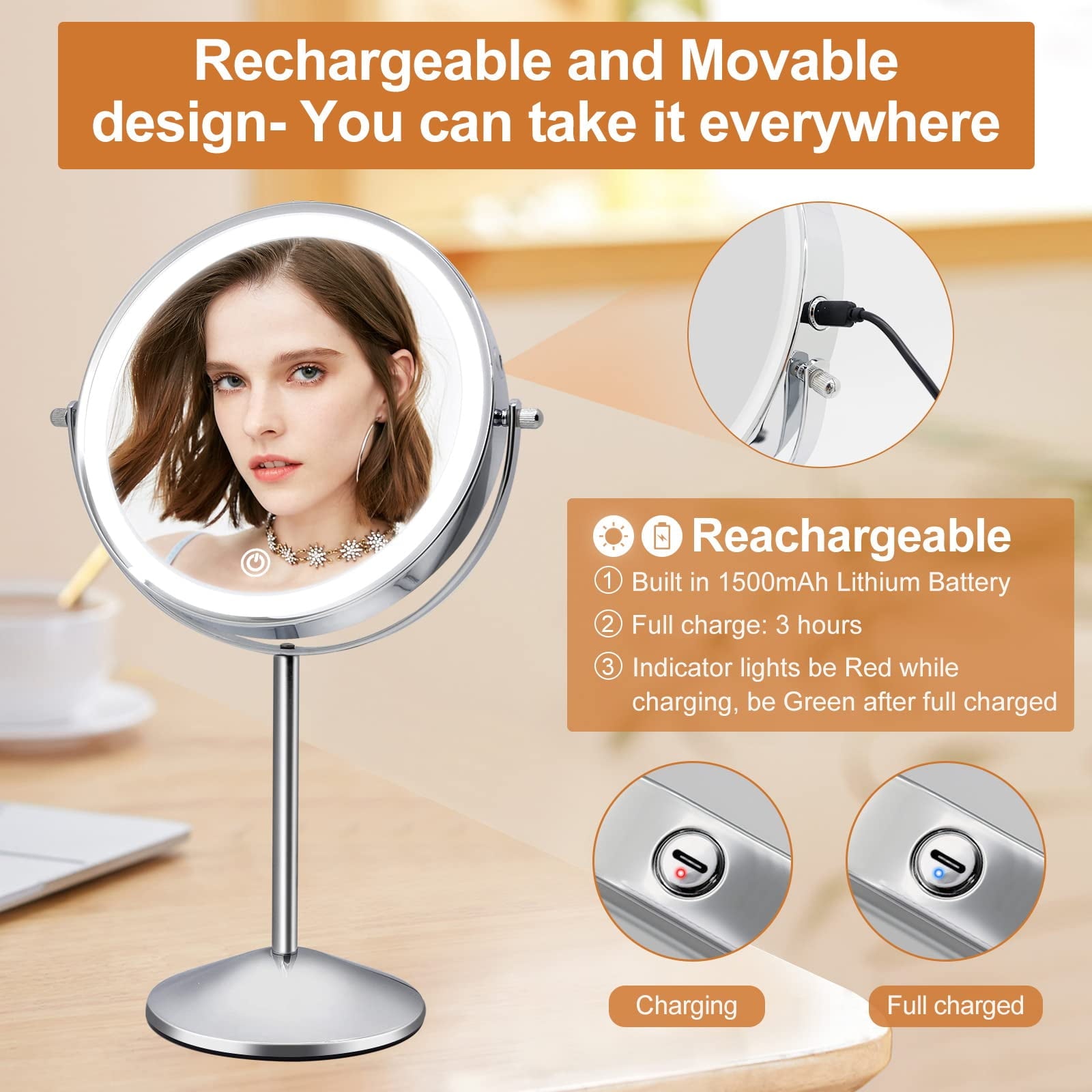 Funtouch Double-Sided Lighted Makeup Mirror, Round Metal Freestanding Vanity Mirror with 10x Magnification