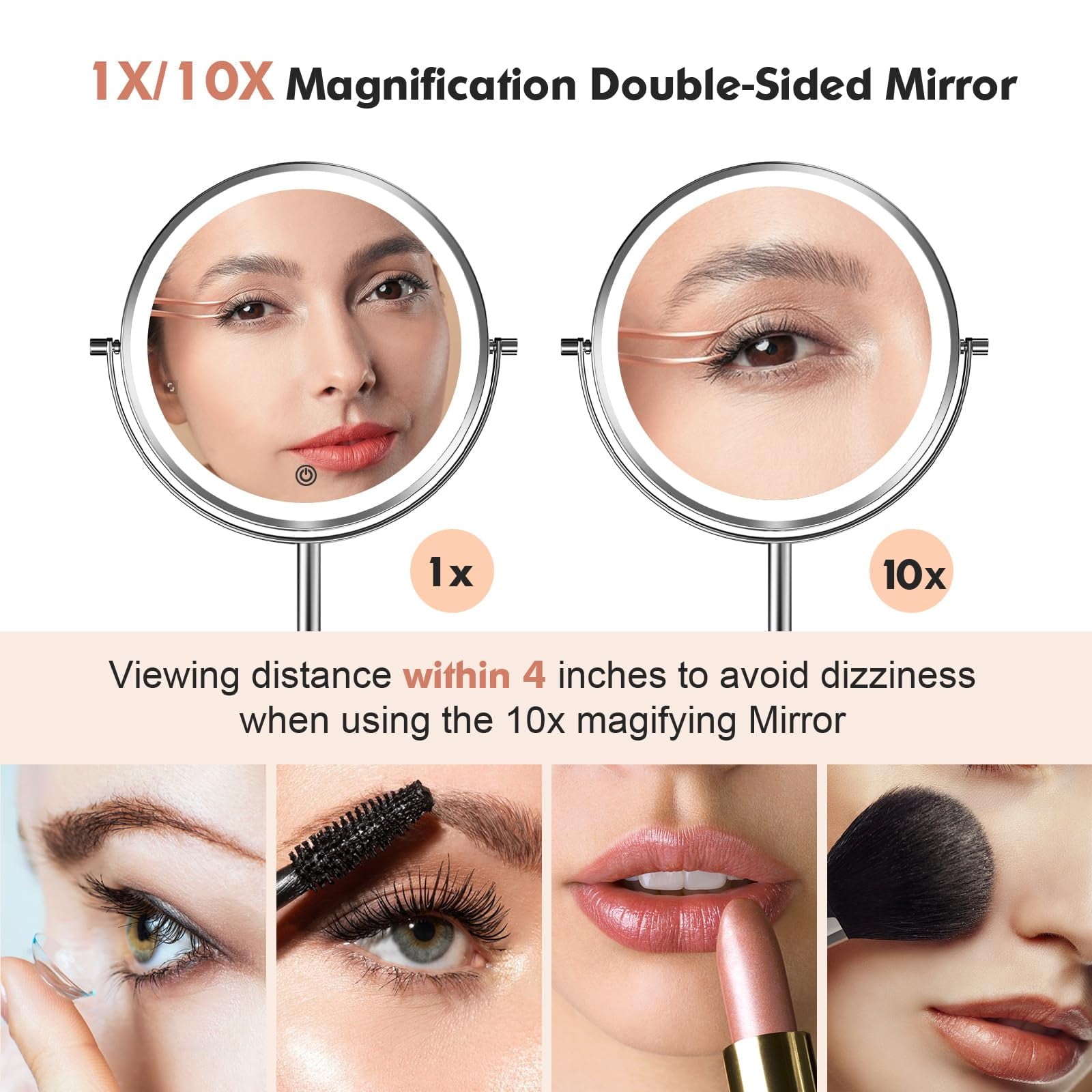 Funtouch Double-Sided Lighted Makeup Mirror, Round Metal Freestanding Vanity Mirror with 10x Magnification
