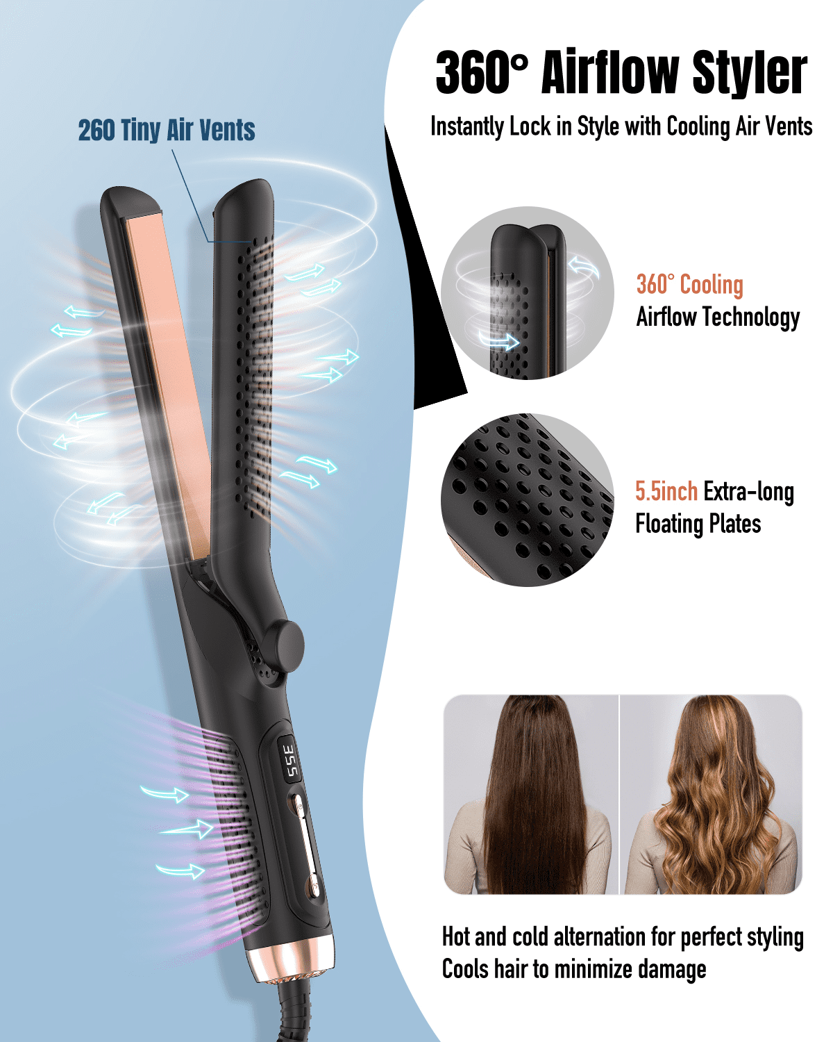 RACCOMB Salon 2 in 1 Curling Iron, 360° Airflow Styler, Ionic Ceramic Hair Wand, Dual Voltage, Black