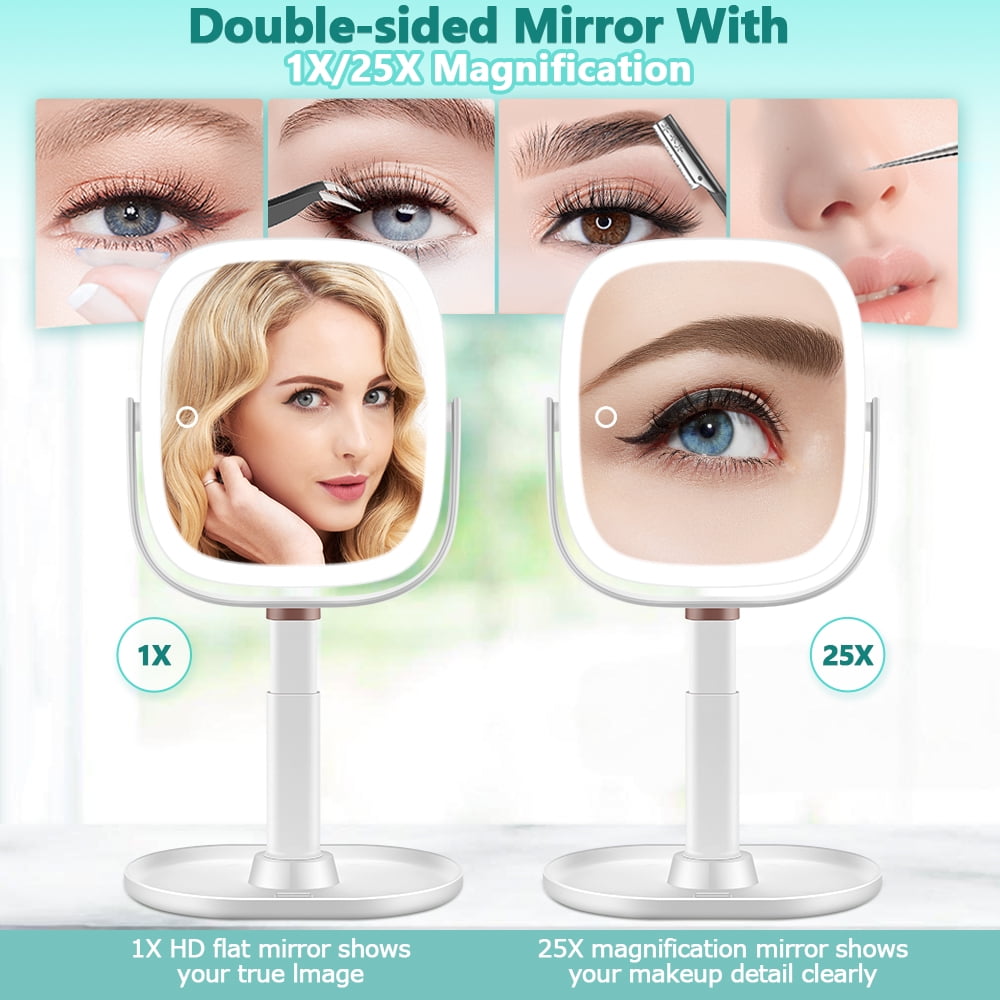 BBeauty Planet Makeup Mirror with Lights, 1X/20X Magnifying Mirror, Vanity Mirror with 3 Colors Lights, Height Adjustable Lighted Makeup Mirror, Double Sided 360°Rotation, Memory Function (White)