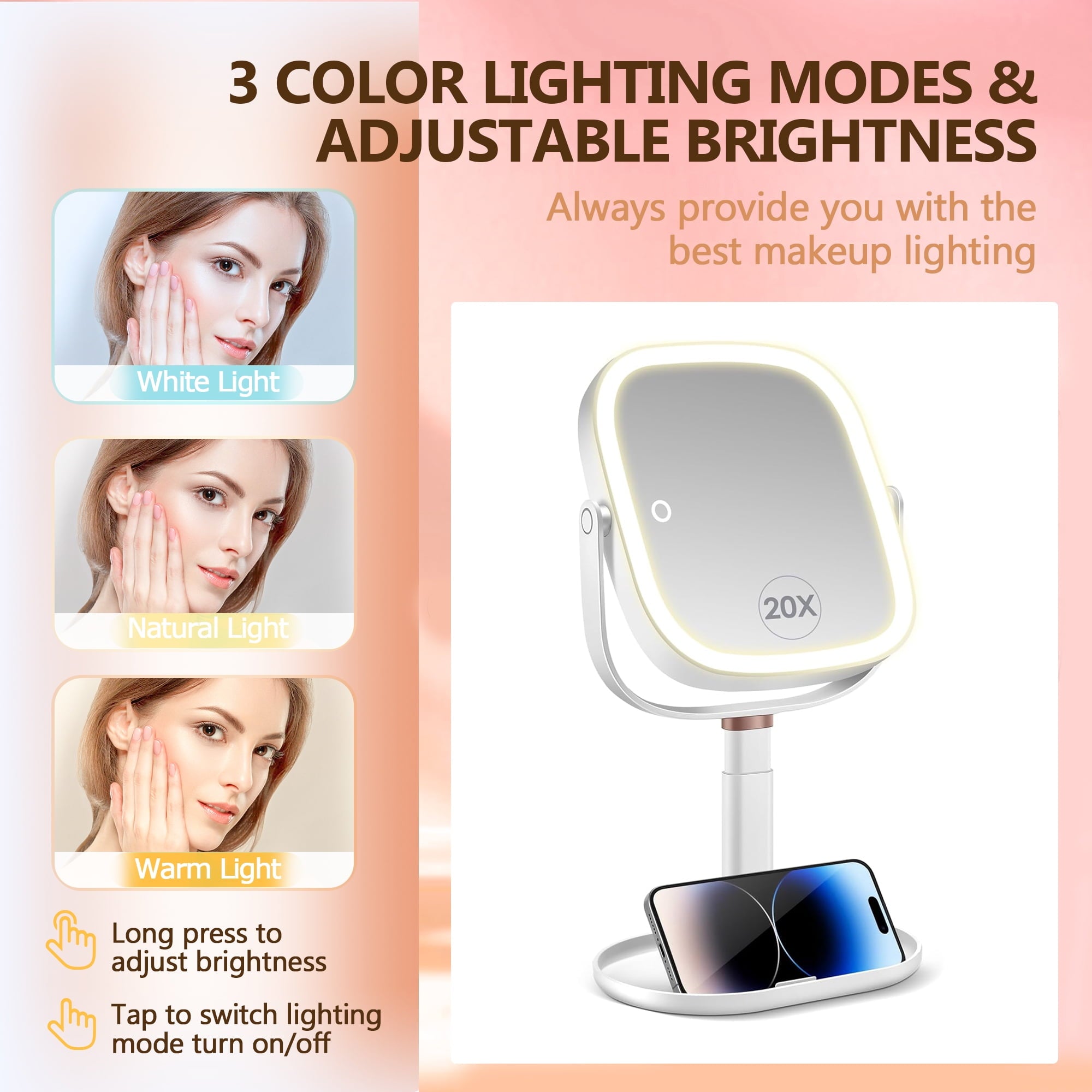 BBeauty Planet Makeup Mirror with Lights, 1X/20X Magnifying Mirror, Vanity Mirror with 3 Colors Lights, Height Adjustable Lighted Makeup Mirror, Double Sided 360°Rotation, Memory Function (White)