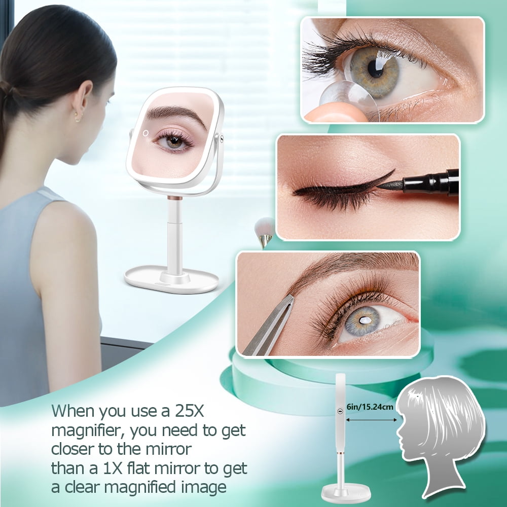 BBeauty Planet Makeup Mirror with Lights, 1X/20X Magnifying Mirror, Vanity Mirror with 3 Colors Lights, Height Adjustable Lighted Makeup Mirror, Double Sided 360°Rotation, Memory Function (White)